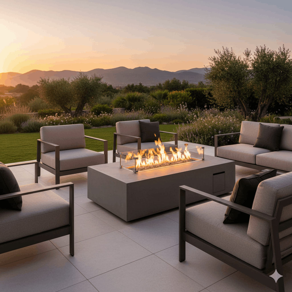 Feuertisch auf der Terrasse erst den Stellplatz, dann den Brennstoff wählen